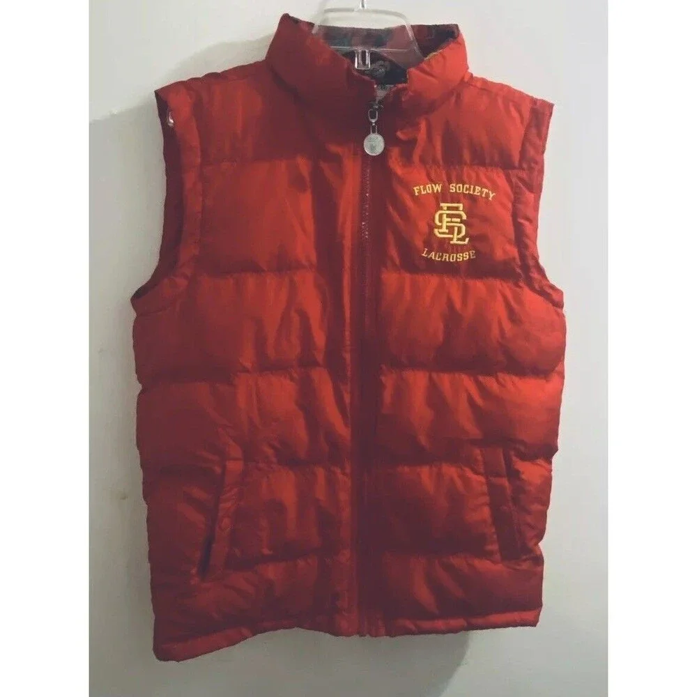 Flow Society Lacrosse Puffer Vest Boys Youth Size L Red Yellow Monkeys Graphics